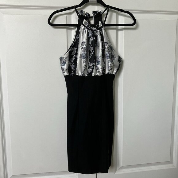 Y2K GLAM Halter Mini Dress Womens S Gray Stripe Black Floral 2000s Vintage - Picture 2 of 9